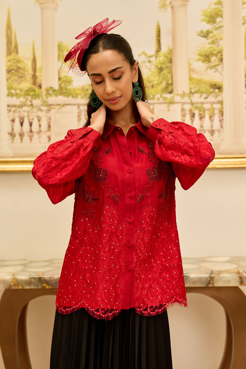 Crimson Bloom Red Hand Embroidered French Lace Habotai Silk Shirt