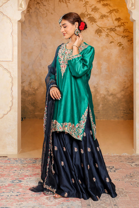 Emerald Green and Navy Blue Sharara Set