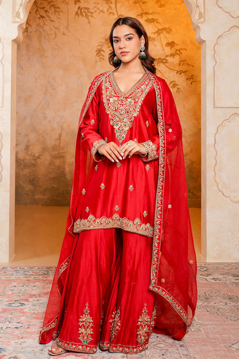 Regal Red Embroidered Sharara Set