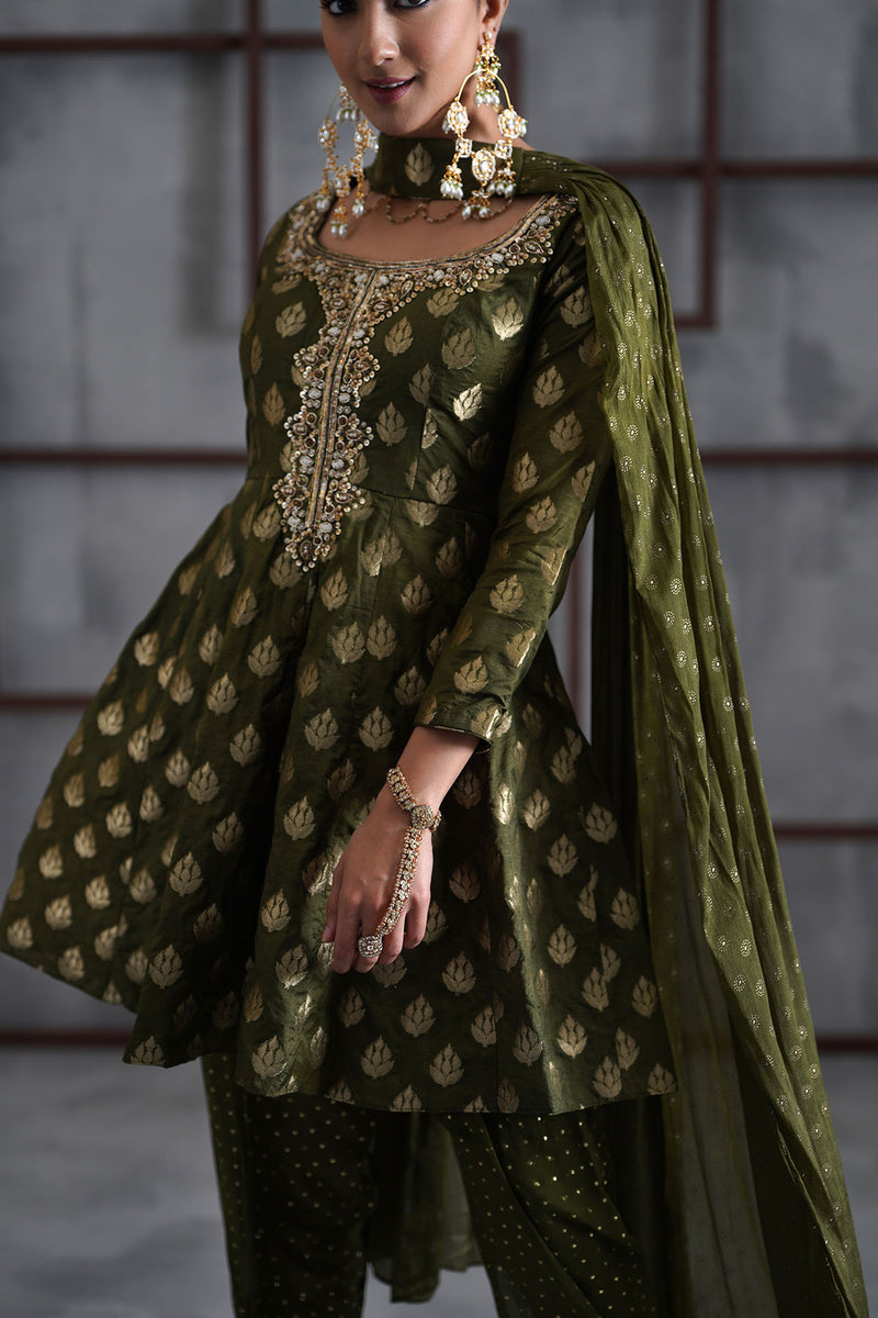 Olive green peplum, tulip salwar, Choker dupatta
