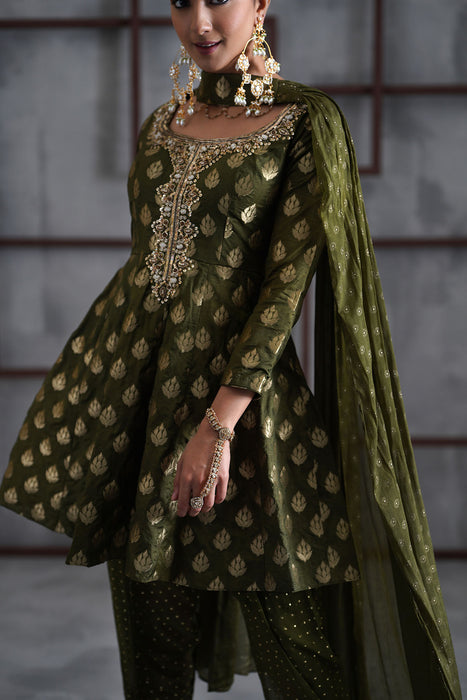Olive green peplum, tulip salwar, Choker dupatta