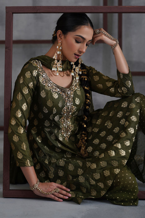 Olive green peplum, tulip salwar, Choker dupatta
