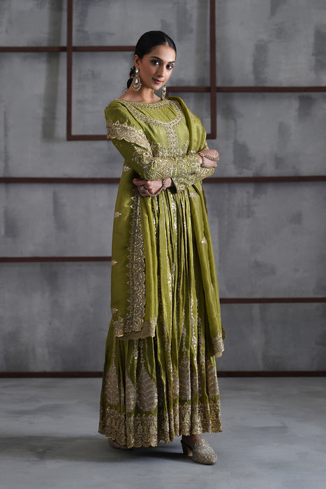 Mehendi green embroidered anarkali churidar dupatta