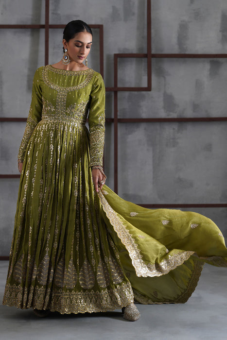 Mehendi green embroidered anarkali churidar dupatta