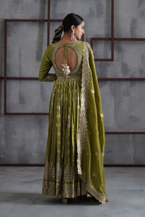 Mehendi green embroidered anarkali churidar dupatta