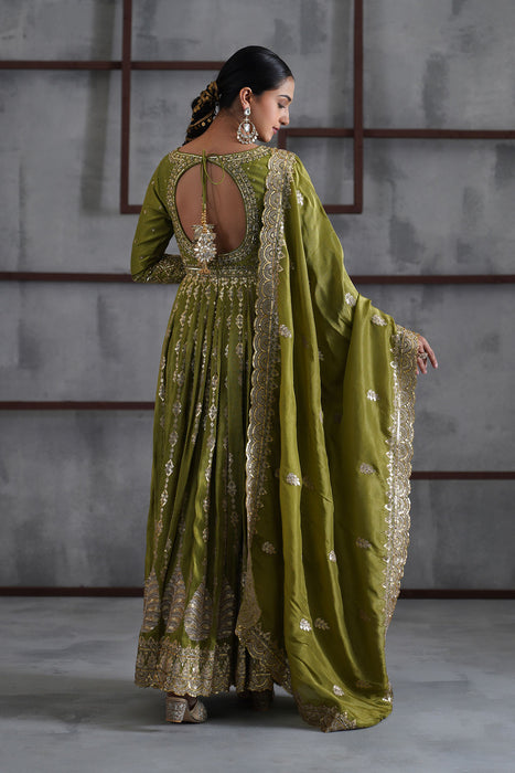 Mehendi green embroidered anarkali churidar dupatta