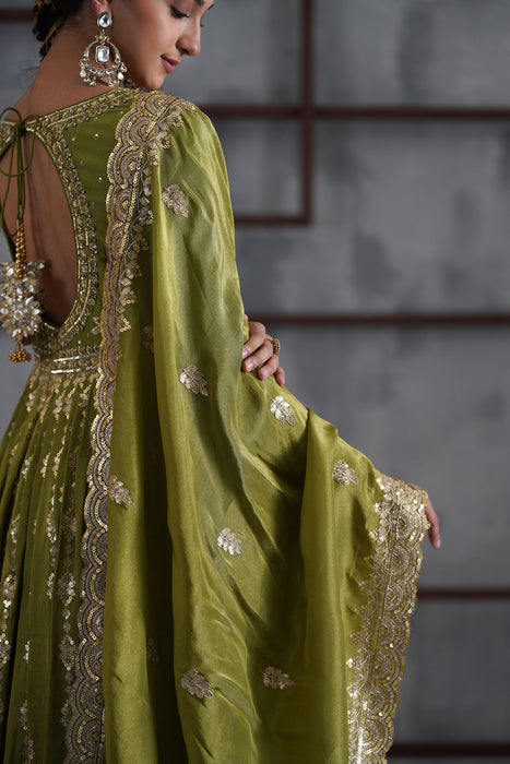 Mehendi green embroidered anarkali churidar dupatta
