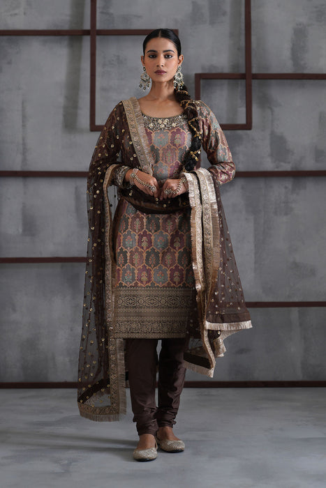 Brown brocade kurti , Churidar, dupatta