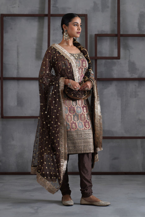 Brown brocade kurti , Churidar, dupatta