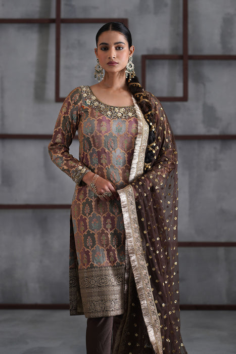 Brown brocade kurti , Churidar, dupatta