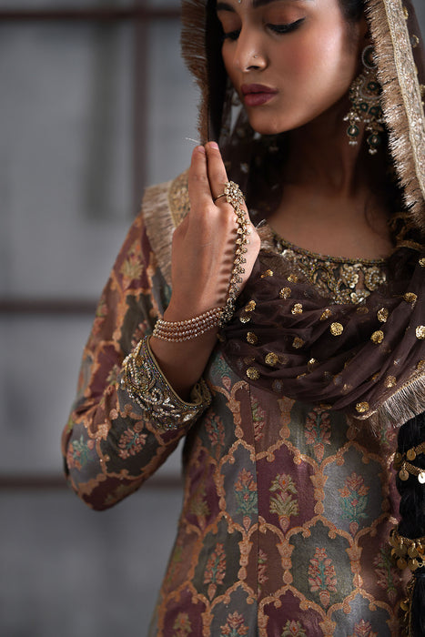 Brown brocade kurti , Churidar, dupatta