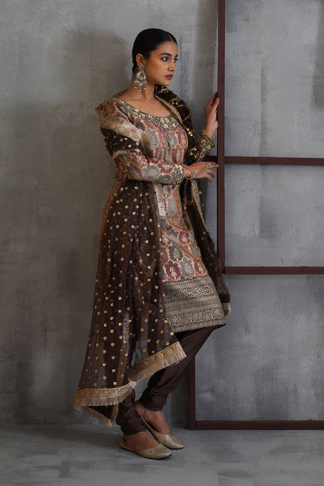 Brown brocade kurti , Churidar, dupatta