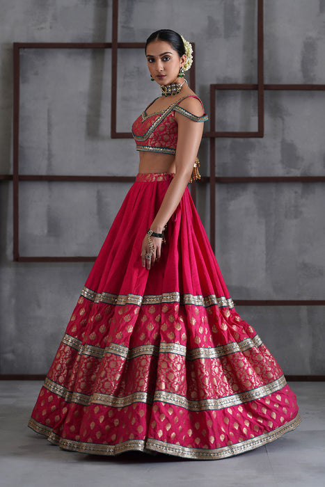 Hot pink brocade blouse, lehanga dupatta