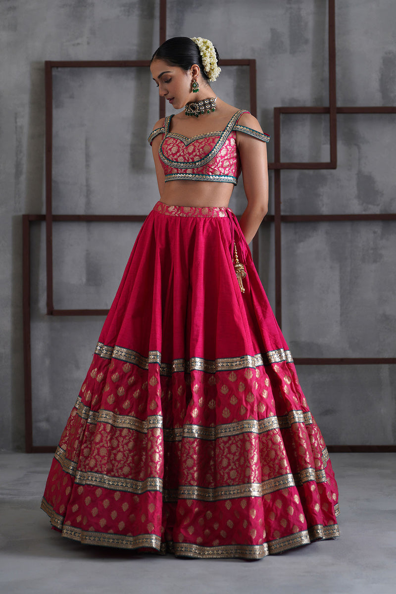 Hot pink brocade blouse, lehanga dupatta