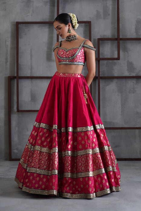 Hot pink brocade blouse, lehanga dupatta