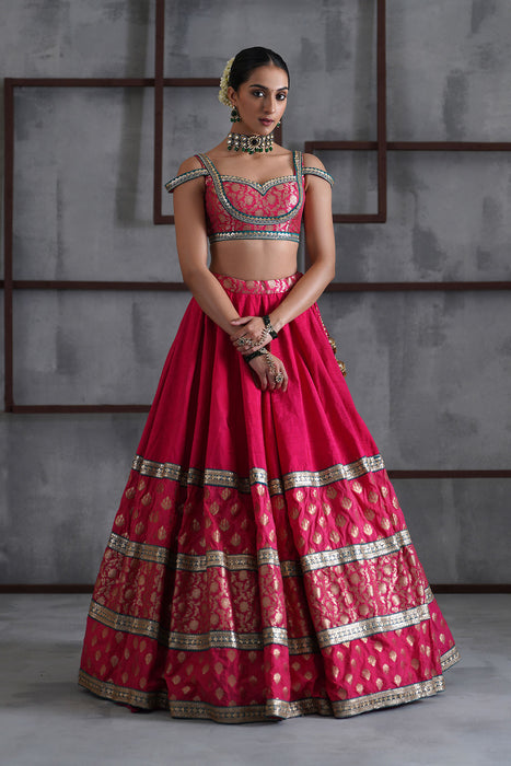 Hot pink brocade blouse, lehanga dupatta