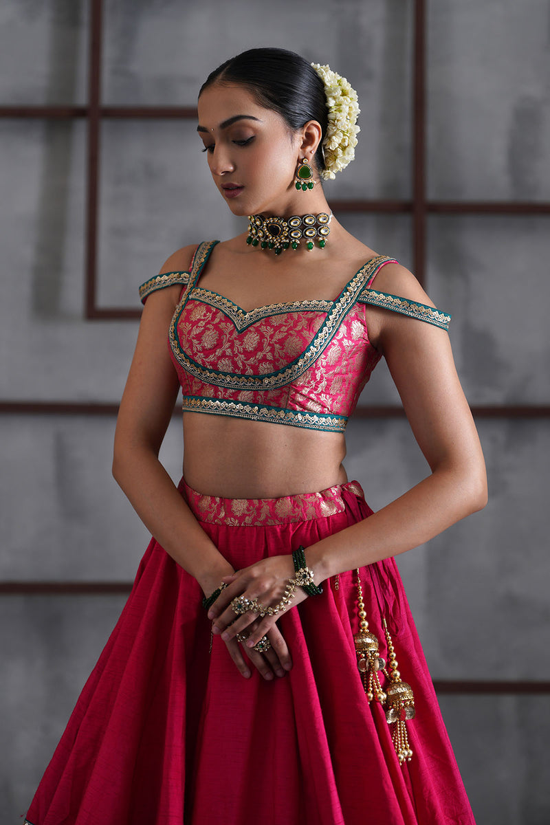 Hot pink brocade blouse, lehanga dupatta