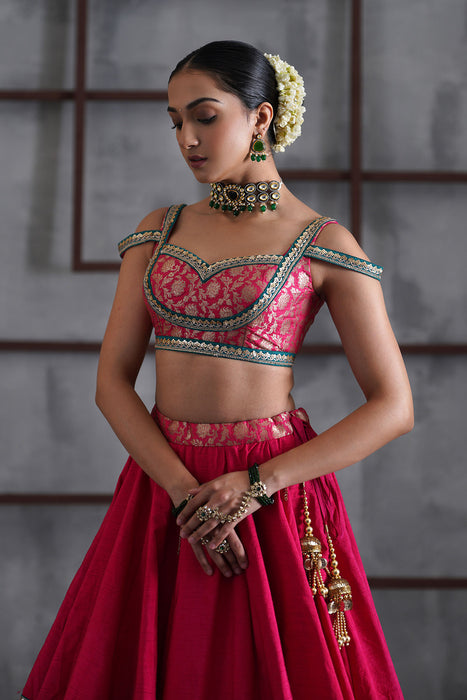 Hot pink brocade blouse, lehanga dupatta