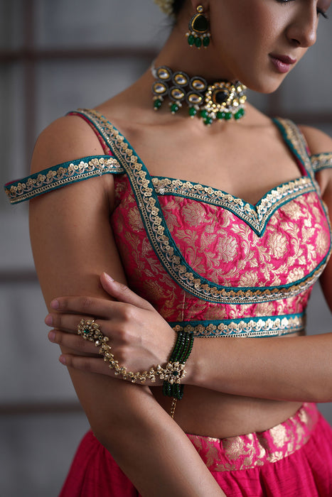 Hot pink brocade blouse, lehanga dupatta