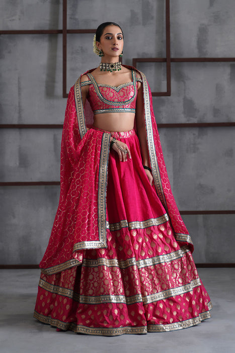 Hot pink brocade blouse, lehanga dupatta