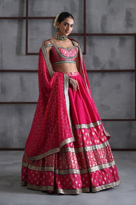 Hot pink brocade blouse, lehanga dupatta