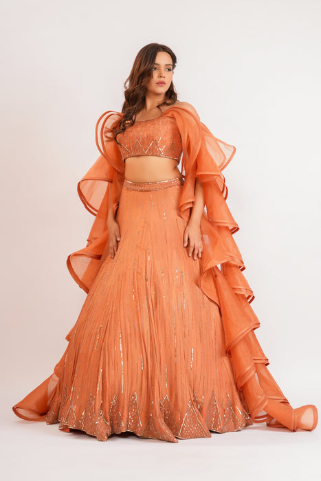 Surkh ruffle lehenga