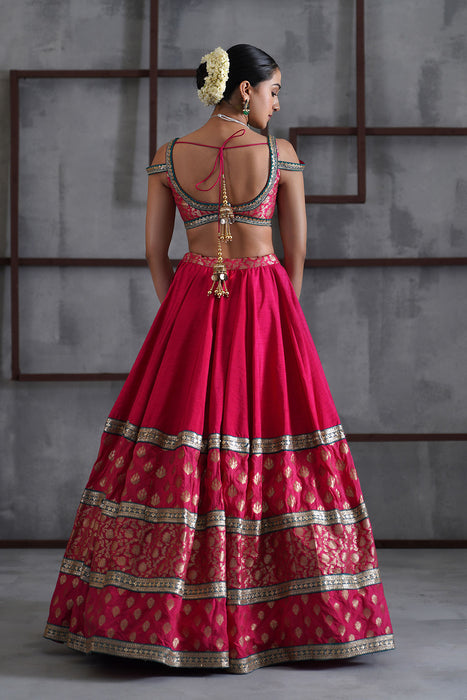 Hot pink brocade blouse, lehanga dupatta