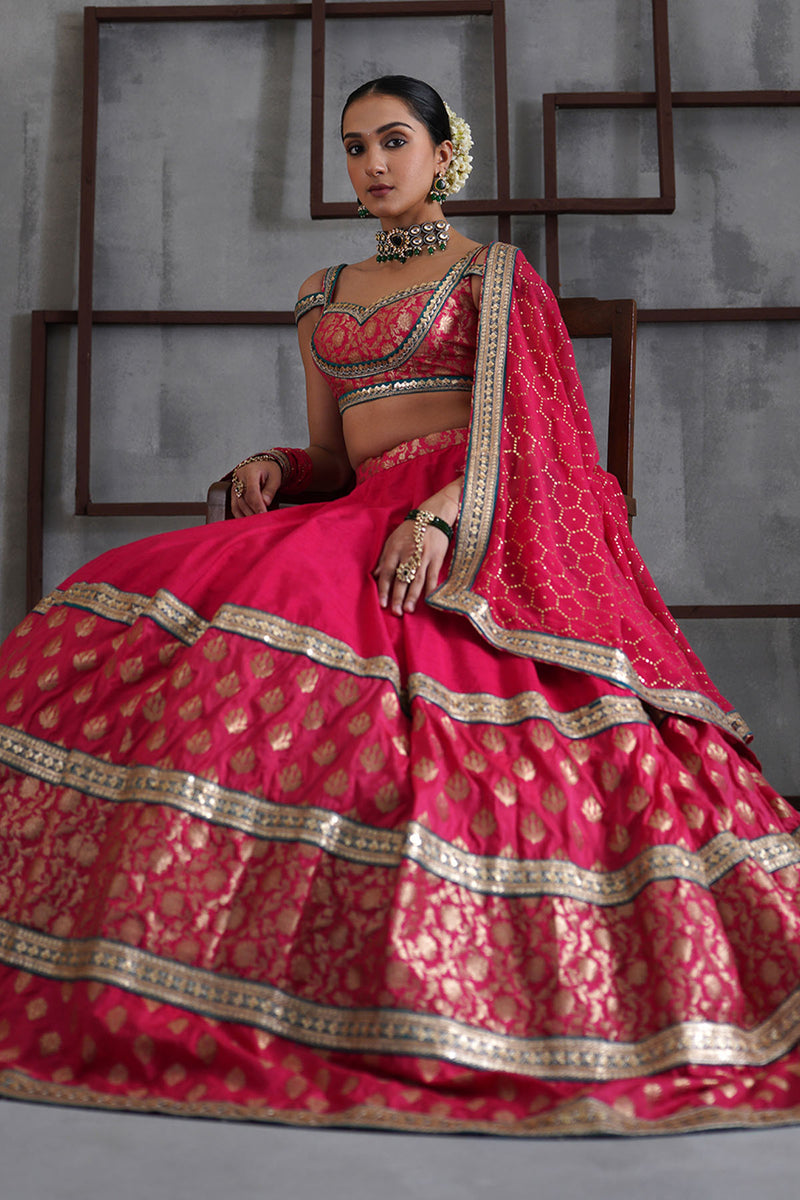 Hot pink brocade blouse, lehanga dupatta