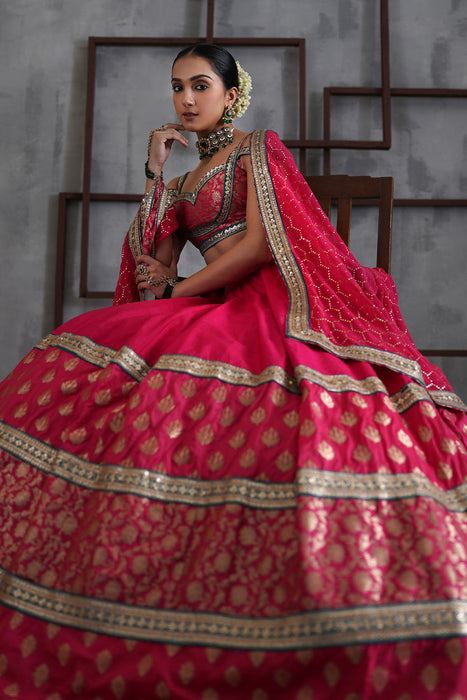 Hot pink brocade blouse, lehanga dupatta