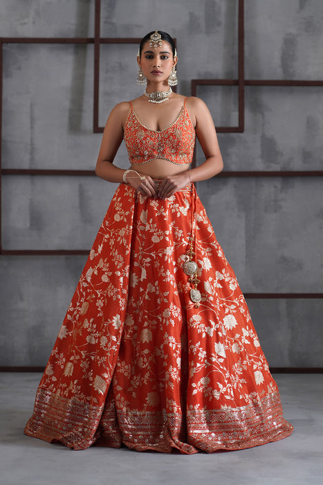 Orange embroidered bustier, banarsi lehenga and dupatta