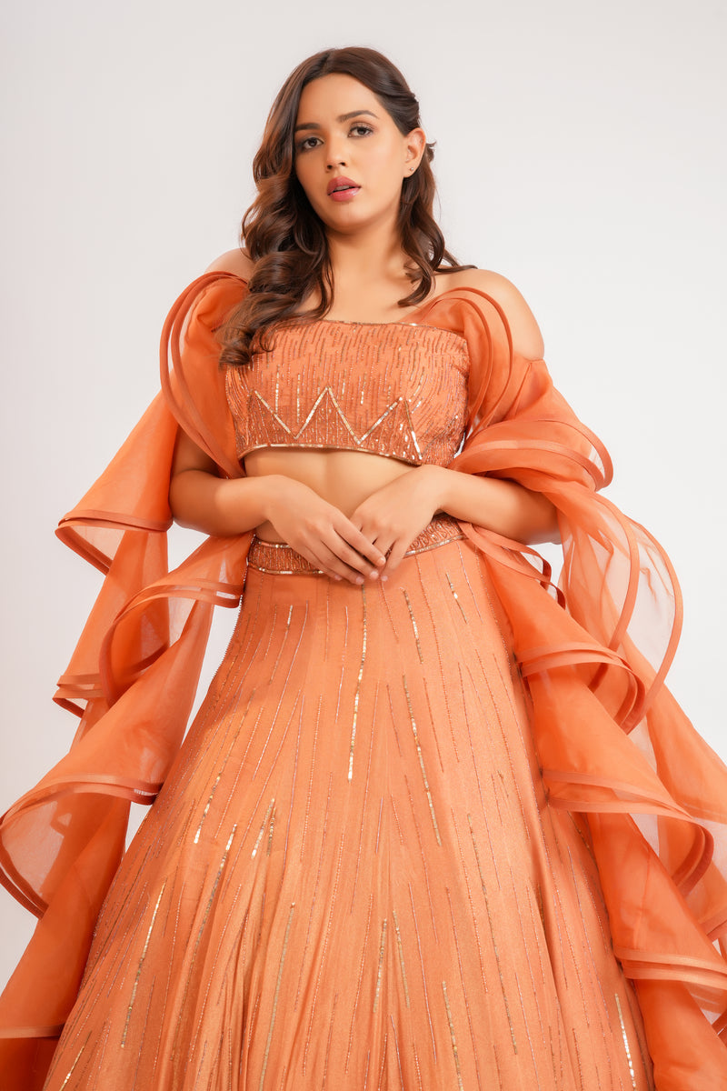 Surkh ruffle lehenga