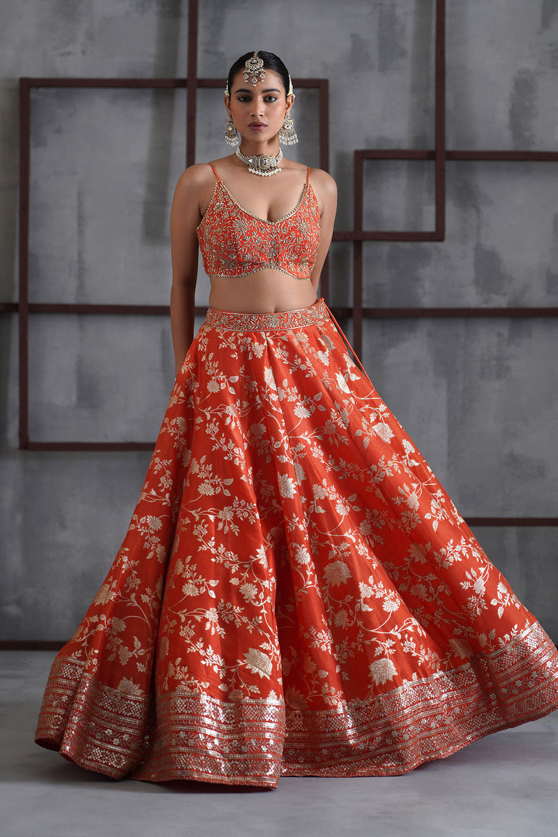 Orange embroidered bustier, banarsi lehenga and dupatta