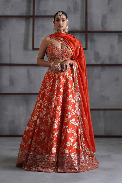 Orange embroidered bustier, banarsi lehenga and dupatta