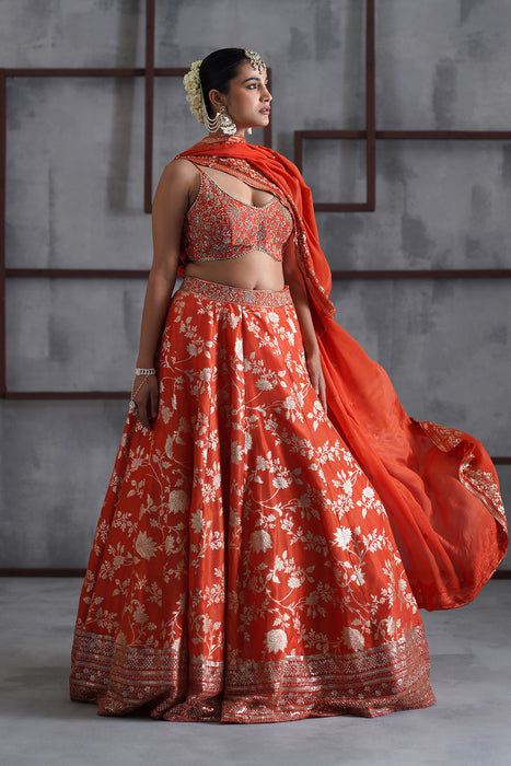 Orange embroidered bustier, banarsi lehenga and dupatta