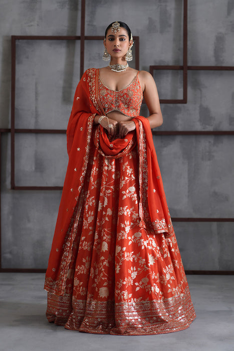 Orange embroidered bustier, banarsi lehenga and dupatta