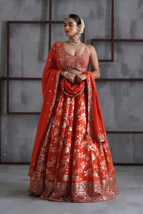 Orange embroidered bustier, banarsi lehenga and dupatta