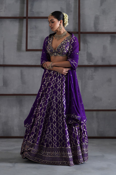 Purple embroidered blouse, banarsi lehanga, dupatta