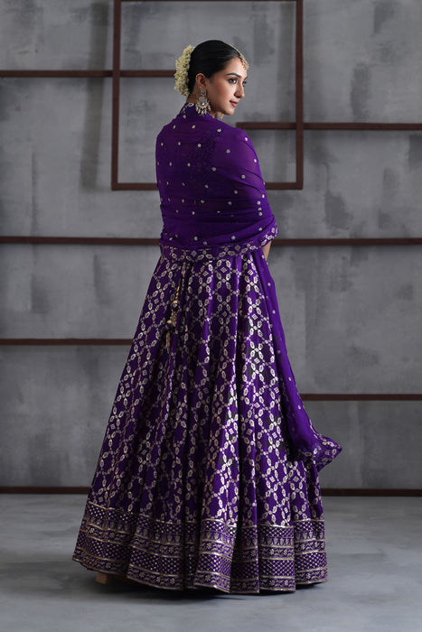 Purple embroidered blouse, banarsi lehanga, dupatta