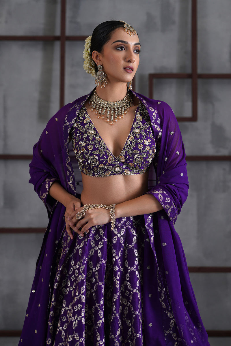 Purple embroidered blouse, banarsi lehanga, dupatta