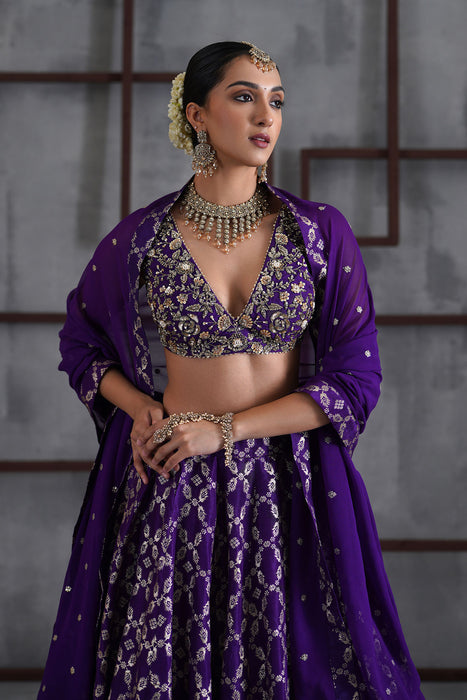 Purple embroidered blouse, banarsi lehanga, dupatta