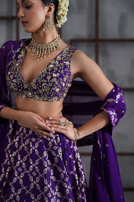 Purple embroidered blouse, banarsi lehanga, dupatta