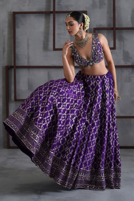 Purple embroidered blouse, banarsi lehanga, dupatta