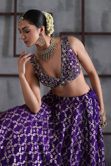 Purple embroidered blouse, banarsi lehanga, dupatta