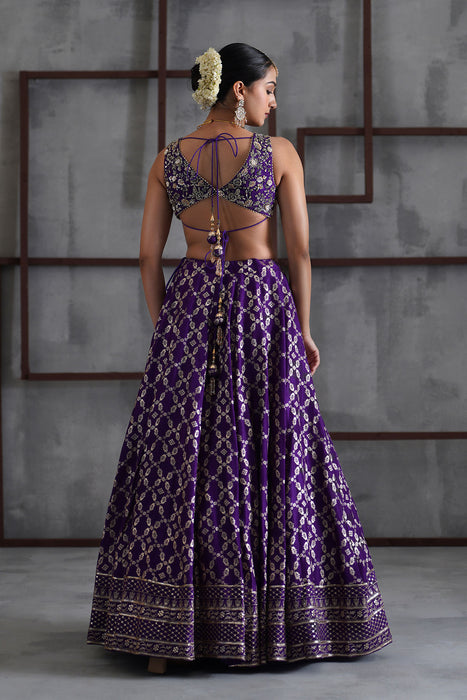 Purple embroidered blouse, banarsi lehanga, dupatta