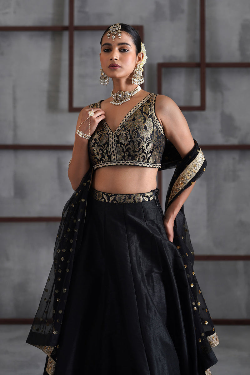 Black brocade blouse, lehanga, dupatta