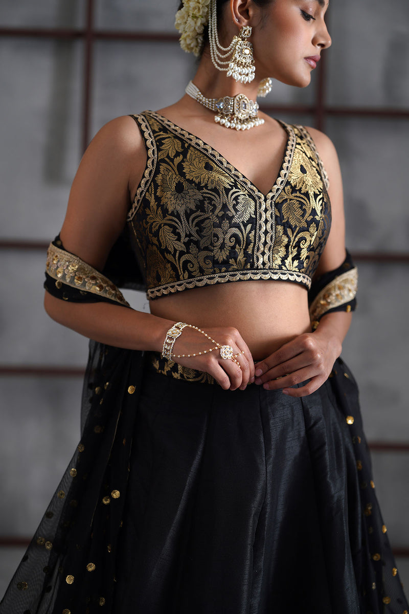 Black brocade blouse, lehanga, dupatta