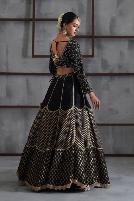Black embroidered blouse and brocade lehanga