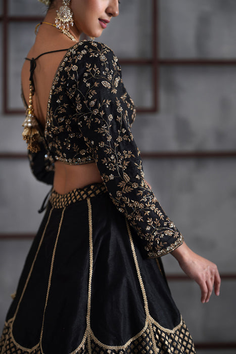 Black embroidered blouse and brocade lehanga