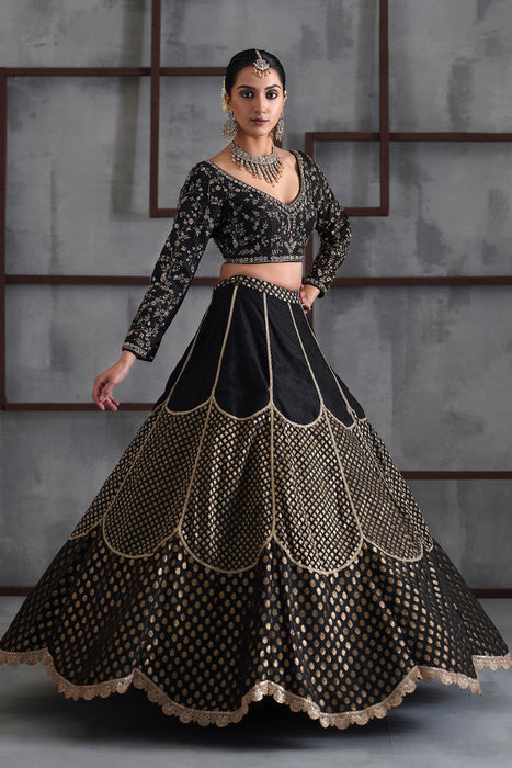 Black embroidered blouse and brocade lehanga