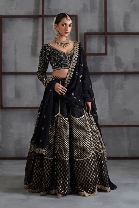 Black embroidered blouse and brocade lehanga
